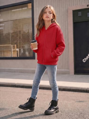 Haloumoning Girls Quilted Zip Up Hoodie Red 9-10 Years