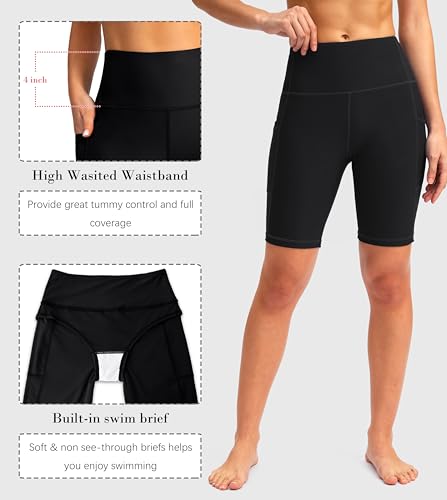 SANTINY 8''/12'' Swim Shorts Women with Pockets High Waisted Bottoms – Black, Large