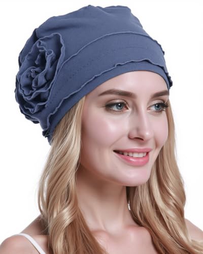 osvyo Cotton Blue Grey Chemo Headwear Turban Cap for Women - Cancer Hair Loss Beanie, Sealed Packaging