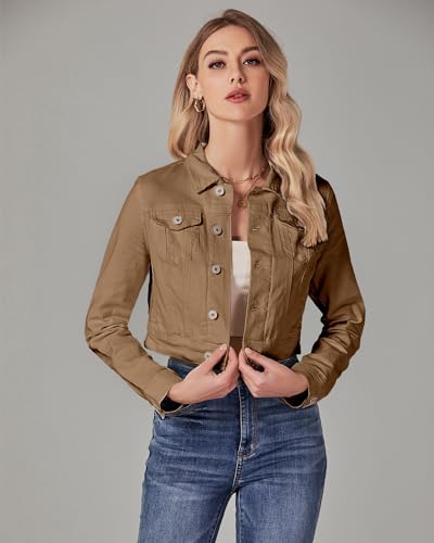 Luvamia X-Large Almond Brown Cropped Denim Jacket for Women Short Fitted Shacket