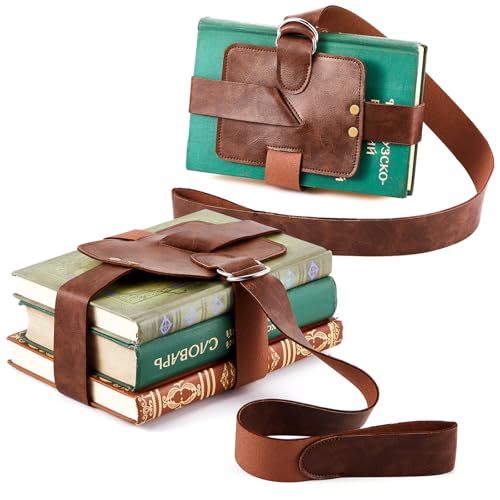 2 Pcs Adjustable Book Strap Carrier 4" x 5" x 53" Leather Book Holster Belt Holder Renaissance Shoulder Carry Handmade Steampunk for Reading Lovers Gifts Libraries Reader Essentials