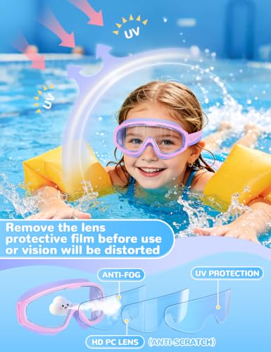 Supertrip Kids Swim Goggles with Fabric Strap - Seablue/Pink/Purple, Size Adjustable