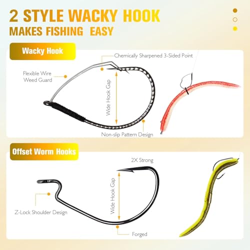 B-152PCS Wacky Worms & Fishing Hooks Kit - Soft Plastic Baits, Weedless Hooks, Jig Head, Rig Tool