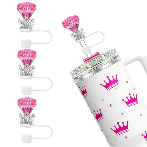 Crown Diamond Straw Topper Set - Bling Tumbler Covers for Stanley Cups - New Pink Peony