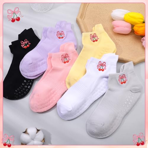 Grippy Non-Slip Pilates Socks for Women - 6 Pairs Red Cherry