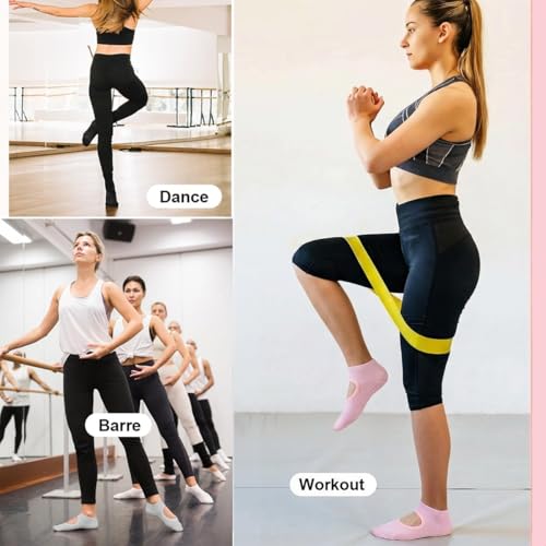 Pilates Socks for Women - 6 Pairs Non-Slip Grip - Black, Pink, Silver Gray, Purple