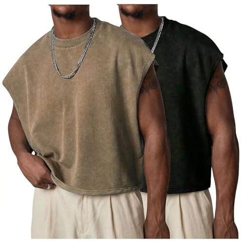 Wyeysyt Men's Crop T Shirts Dolman Sleeve Tops Vintage Crewneck Loose Pullover Tank Tops(BlackBrown-L)