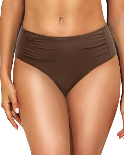 Talisea Women’s Full-Coverage Bikini Bottoms, Mid Rise Ruched Swim Bottom, Brown, Size M