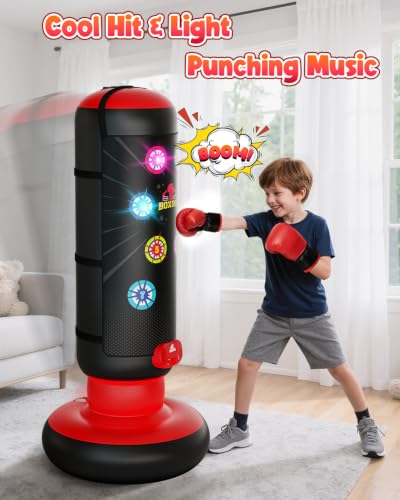 HopeRock Red Kids Boxing Punching Bag Set with Gloves, Light, Music, 4 Game Modes