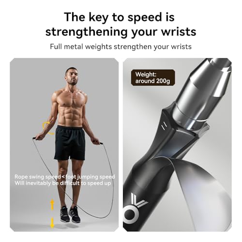 Joinrope Black Weighted Jump Rope with Metal Handles, Adjustable Speed Rope for Fitness & Home Workout