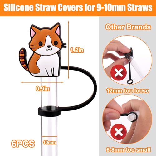 Cute Cat Silicone Straw Covers for 10mm Straws - 6 Piece Set