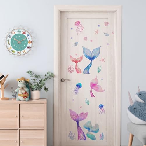 Yovkky Girls Mermaid Tail Wall Decals Stickers, Under The Sea Ocean Jellyfish Pearl Toddler Baby Nursery Decor, Beach Coastal Conch Coral Starfish Home Decorations Kids Bedroom Playroom Art