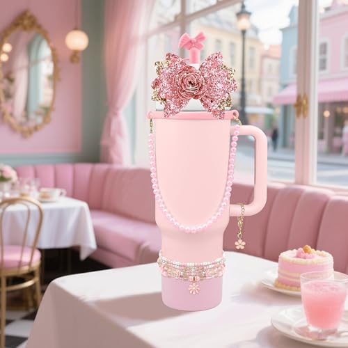 10-Piece Pink Flower Accessories Set for Stanley Cup 30/40oz Tumbler