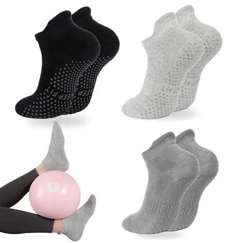 Non-Slip Pilates Socks with Grips for Women - Black/Dark Grey/Light Grey