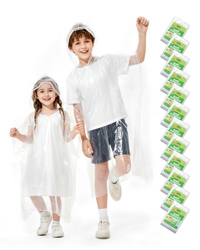 Hitituto Rain Ponchos Family Pack 12 Clear One Size Disposable Hooded Ponchos (12 pcs) - Kids & Adults
