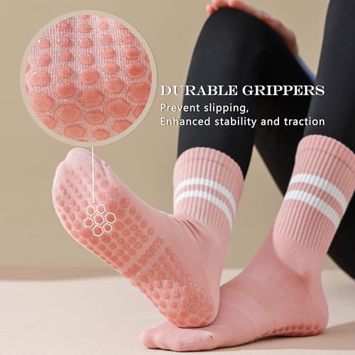 Non-Slip Pilates Socks for Women - Cotton Grippy Crew Socks, 3 Pairs - Color 11