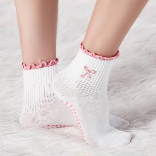 Cute Pilates Grip Socks for Women - Nonslip Yoga - Pink Bow