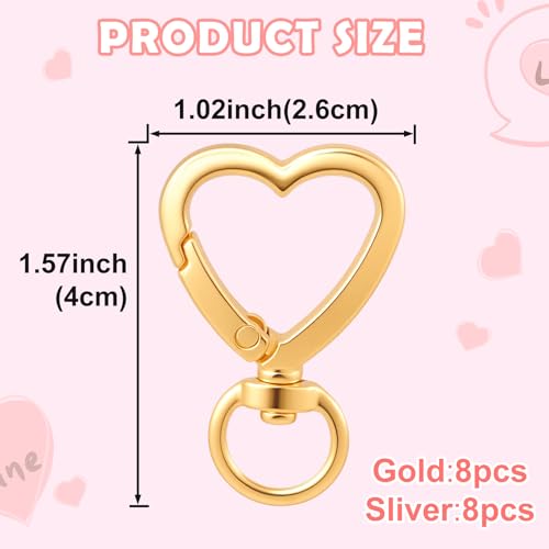 OIIKI 16PCS Heart Shape Keychain Clips Gold Silver Lobster Clasps for DIY Bags Keys