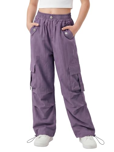 JiAmy Girls' Y2K Baggy Cargo Joggers - Elastic Waist, 7-14Y, Purple (7-8 Years)