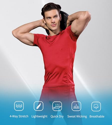 Men's Athletic Compression Shirt - Quick Dry Performance Top - Red, Large