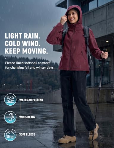 Baleaf Women's Softshell Jacket Fleece Lined Water-Resistant Hooded Coat - Large, Wine Red