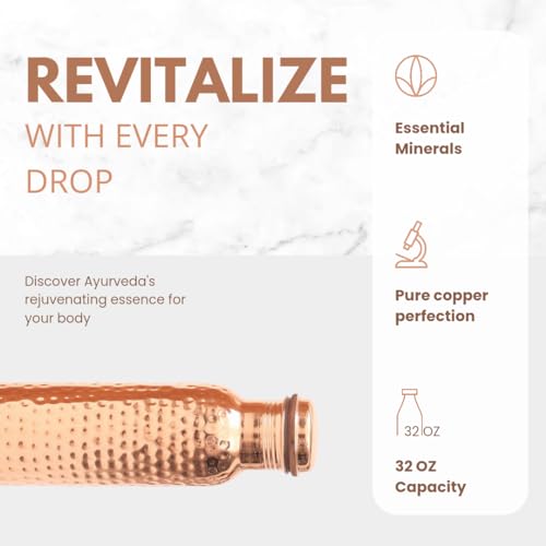 Pure Copper Water Bottle 32 Oz with Hammered Finish, Leak-Proof with Canvas Bag & Brush