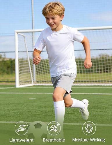 Boys Compression Shirt - Athletic Football Short Sleeve, 9-10 Years - White