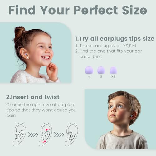 Kids Ear Plugs(6+yrs)-2 Pairs of Reusable Noise Reduction Earplugs for Small Canal With 6 Tips,Soft Silicone Earplugs for Sleeping,Focus,Travel,Socializing,Concert&Hearing Protection 25dB-30dB