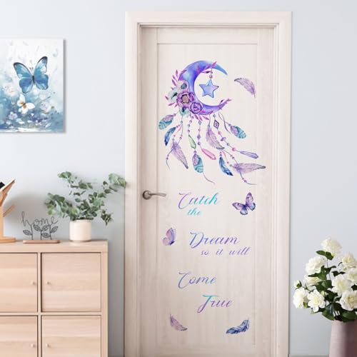 Yovkky Catch The Dream Purple Moon Wall Decals Stickers, Inspirational Dreamcatcher Feathers Flower Butterfly Nursery Decor, Boho Positive Quote Home Decorations Girls Kids Bedroom Living Room Art