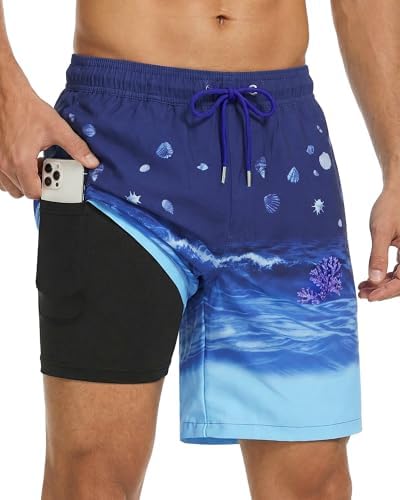 Men's Swim Trunks 2 in 1 7 Inch Beach Shorts with Pockets - Light Blue Large
