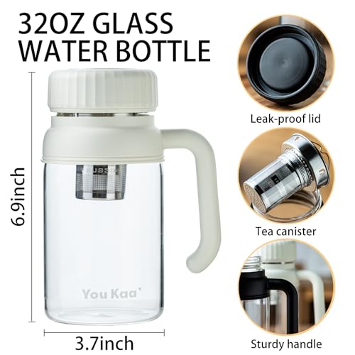 White 32oz Glass Tea Infuser Bottle with Removable Infuser & Leakproof Lid