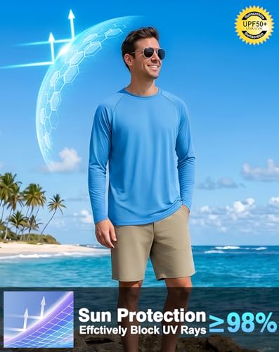 Men's UPF 50+ Sun Protection Long Sleeve Rash Guard - Blue-1, X-Large