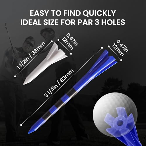 Unbreakable Golf Tees Pack - 80 Driver Tees (3 1/4" & 2 3/4") + 20 Iron Tees (1 1/2") - Blue