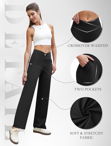 COPYLEAF Wide Leg Yoga Pants Women Black Large with Pockets, Loose & Stretchy for Lounge & Work