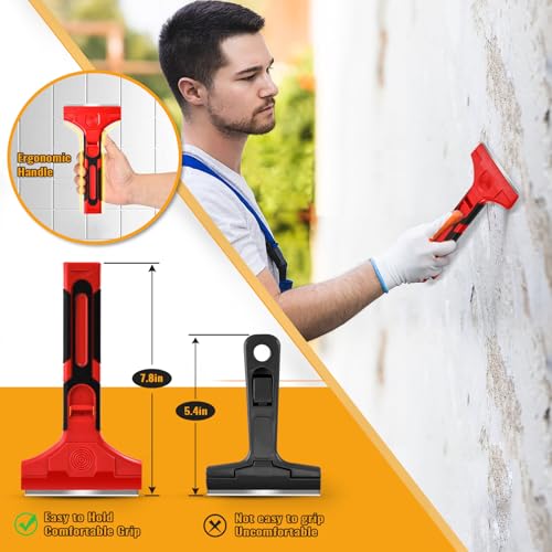 Razor Blade Scraper with Long Handle, 4 Inch Scraper with 15 Pcs Razor Blades, Scrapper for Cleaning Glass Windows, Tile Walls/Floors, Kitchen Stove Top/Oven/Cooktop, Paint/Sticker/Caulk Remover Tool