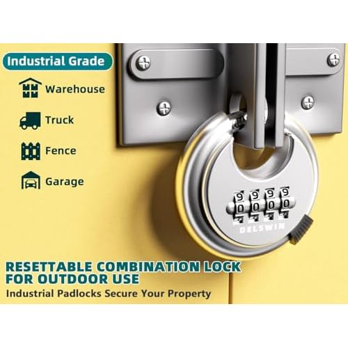 DELSWIN 4 Digit Combination Disc Padlock with Hardened Steel Shackle Outdoor Combo Gate Lock for Sheds, Storage Unit, Garage, Fence, Trailer Tongue (4 Pcs)