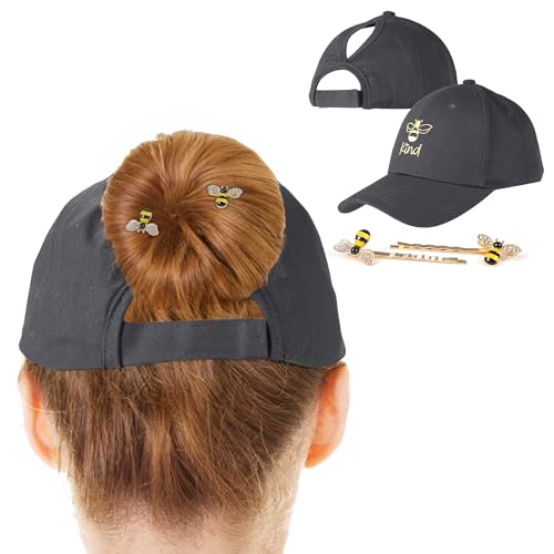 Bee Kind Ponytail Hat with Honey Bee Hair Pins - Black