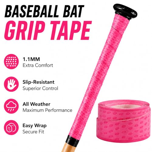 Baseball Bat Grip Tape - 1.1MM Slip-Resistant for All Weather - Pink