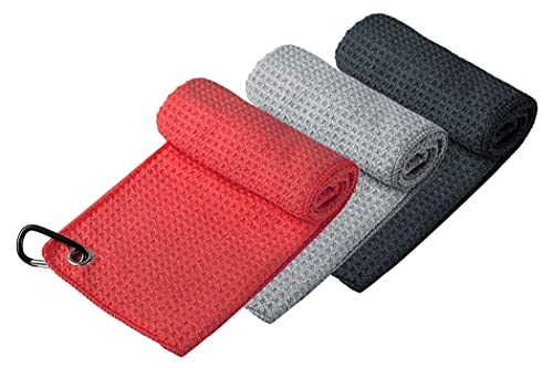 Microfiber Golf Towel with Carabiner Clip - Black/Grey/Red
