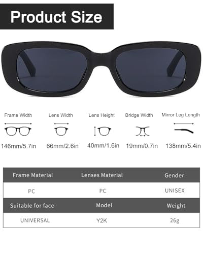 Retro Y2K Rectangle Sunglasses - 2 Pack Black Frame/Grey Lens