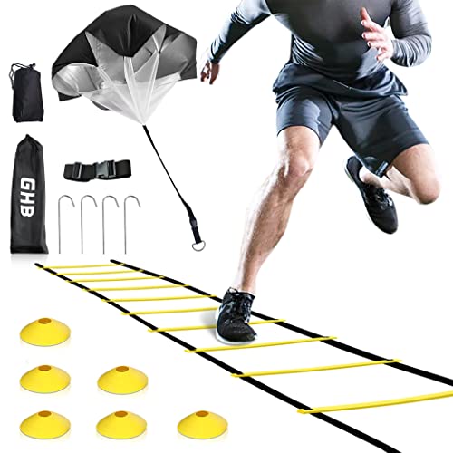 Speed Agility Ladder Training Set - 12 Rungs, 20ft, 6 Cones, Resistance Parachute - Yellow
