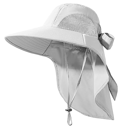 Wide Brim UV Protection Sun Hat - Foldable Waterproof Bucket Hat with Neck Flap - One Size, Light Grey
