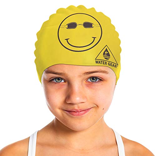 Latex Swim Cap for Long Hair - Waterproof Swimming Cap - Happy Face Black/Yellow