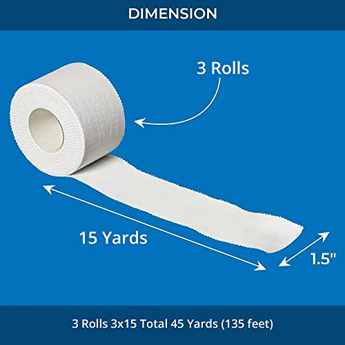 Athletic Sports Tape - 3 Adhesive Rolls, Skin Friendly, 1.5" x 15 Yards - White