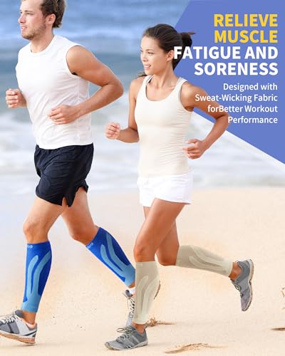 CAMBIVO Beige Calf Compression Sleeves 3 Pairs - Medium-Small, 15-20mmHg Support