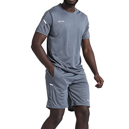 BUYJYA Men's Athletic Shorts & Shirt Set 3 Pack - Basketball Football Gym Workout (Large, Black/White/Grey)