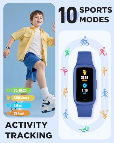 Kids Fitness Tracker Watch - AMOLED Screen, Waterproof, Blue