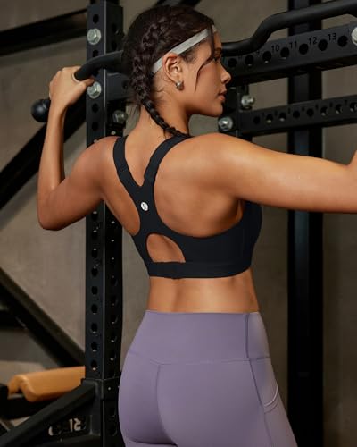 RUNNING GIRL High Support Sports Bra for Women Large Black, Adjustable Racerback with Hook Closure