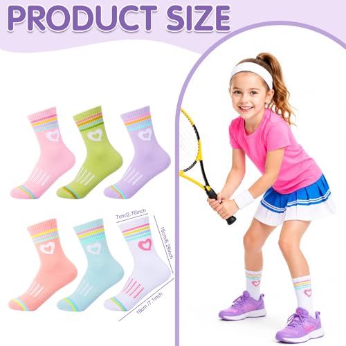 Girls Athletic Crew Socks - 6 Pairs for 9-15 Years, Colorful Set