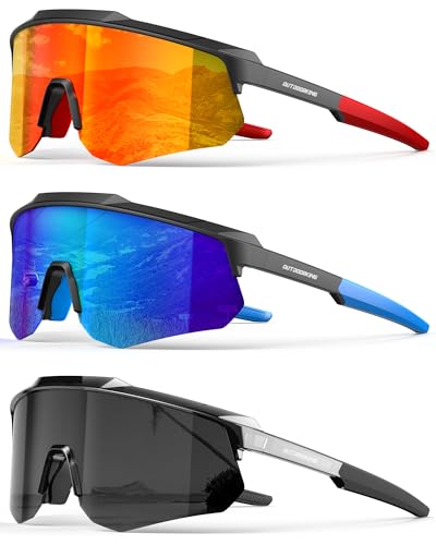 Polarized Sports Sunglasses - UV400 One-Piece Lens, 3 Pack - Transparent Black-Blue-Red